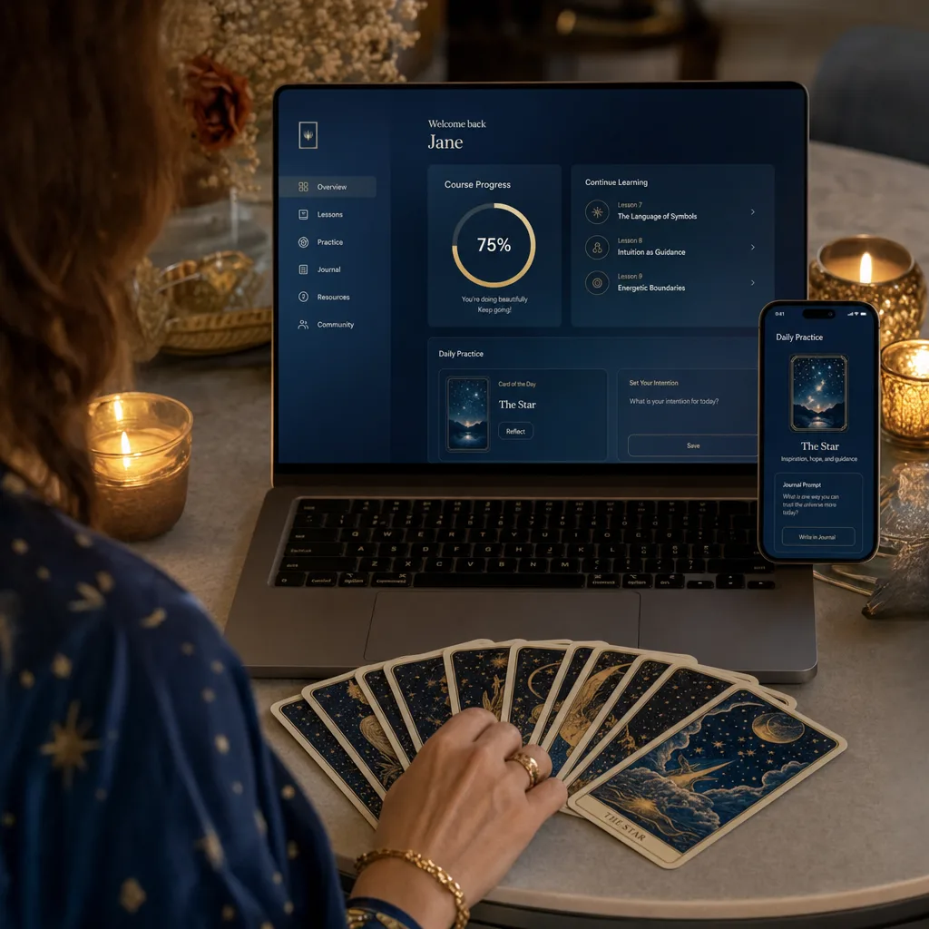 Inside the program: course dashboard with modules, lessons and reference guides